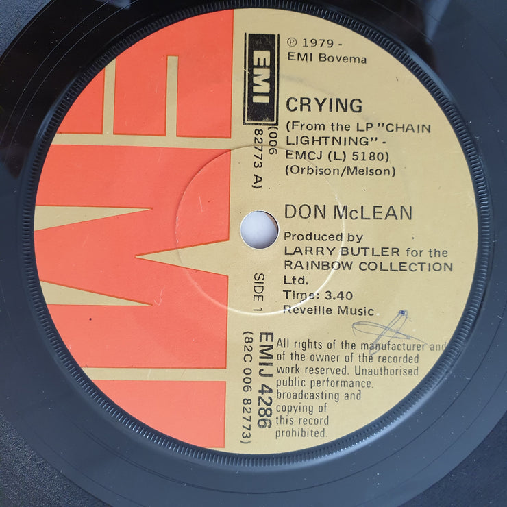 Don McLean ‎– Crying - Vinyl 7" Record - Very-Good- Quality (VG-) - C-Plan Audio