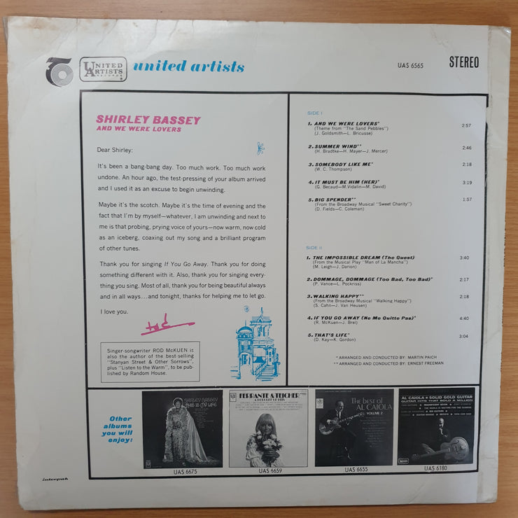 Shirley Bassey ‎– And We Were Lovers - Vinyl LP Record - Very-Good Quality (VG) - C-Plan Audio