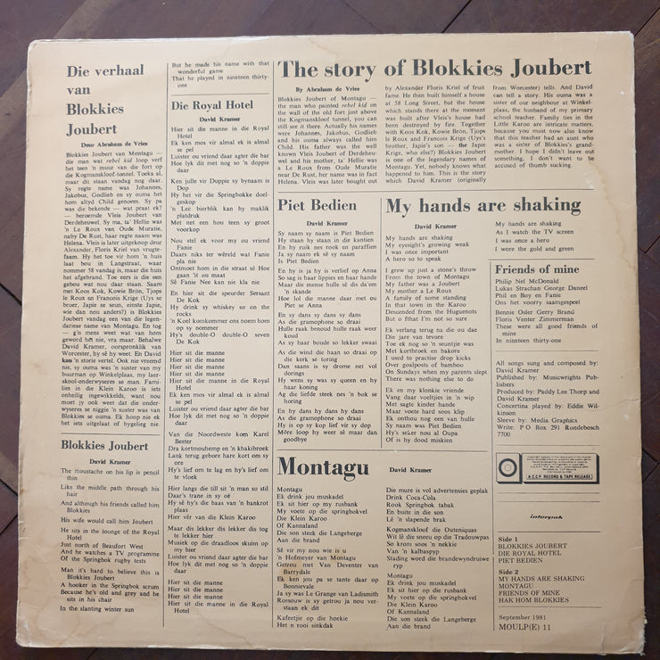 David Kramer – The Story Of Blokkies Joubert - Vinyl LP Record - Opened  - Very-Good- Quality (VG-) - C-Plan Audio