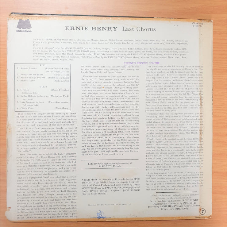 Ernie Henry ‎– Last Chorus - Vinyl LP Record - Very-Good Quality (VG) - C-Plan Audio