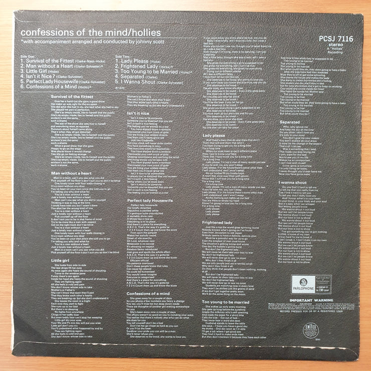 The Hollies ‎– Confessions Of The Mind - Vinyl LP Record - Very-Good Quality (VG)