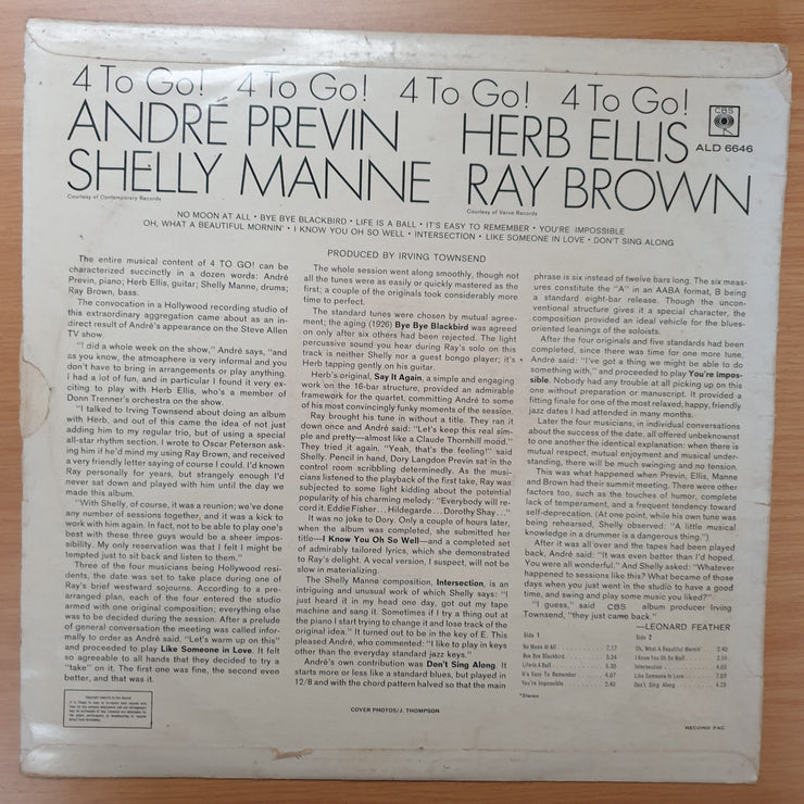Andre Previn / Herb Ellis / Shelly Manne / Ray Brown ‎– 4 To Go! - Vinyl LP Record - Very-Good+ Quality (VG+)