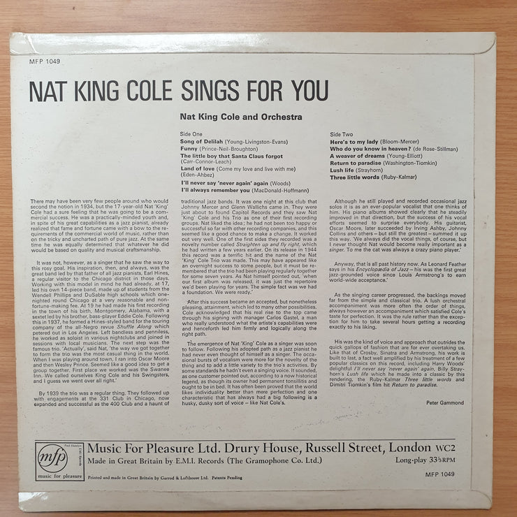 Nat King Cole – Nat King Cole Sings For You - Vinyl LP Record - Very-Good+ Quality (VG+)