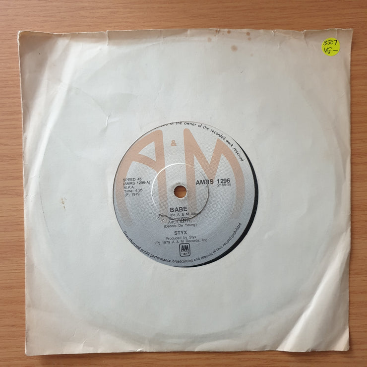 Styx – Babe - Vinyl 7" Record - Opened  - Very-Good- Quality (VG-) (verygoodminus)