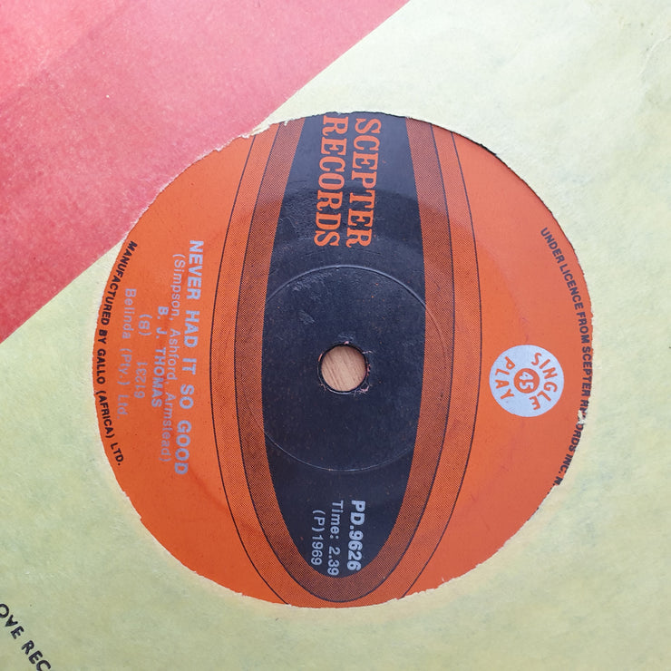 B.J. Thomas – Raindrops Keep Fallin' On My Head - Vinyl 7" Record - Very-Good+ Quality (VG+) (verygoodplus)