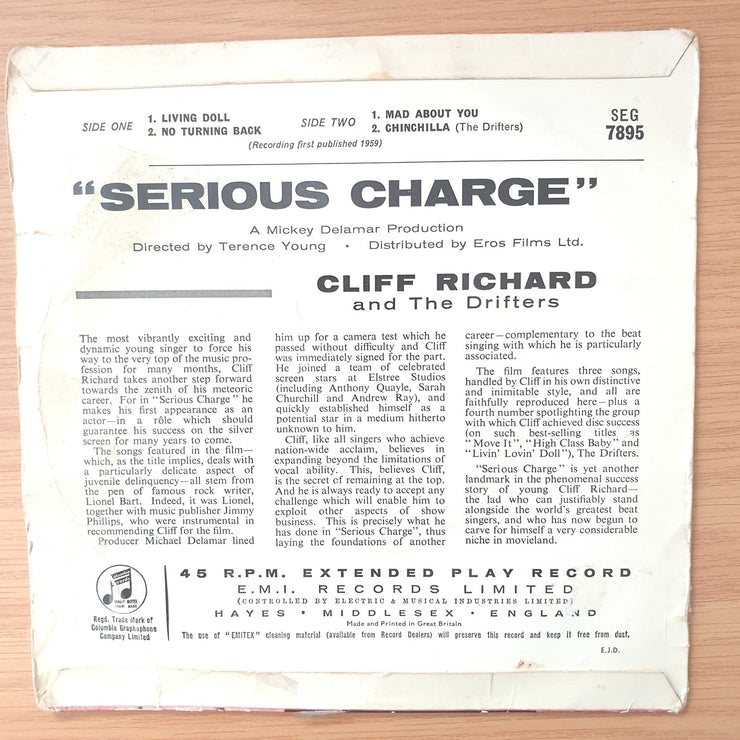 Cliff Richard & The Drifters – Serious Charge - Vinyl 7" Record - Very-Good+ Quality (VG+) (verygoodplus)