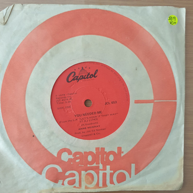 Anne Murray – You Needed Me - Vinyl 7" Record - Very-Good+ Quality (VG+) (verygoodplus)
