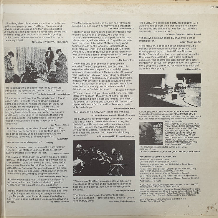 Rod McKuen – Grand Tour (Recorded Live) - Vinyl LP Record - Very-Good+ Quality (VG+)