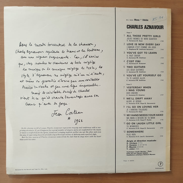 Charles Aznavour – Aznavour Sings Aznavour ‎– Vinyl LP Record - Very-Good+ Quality (VG+)
