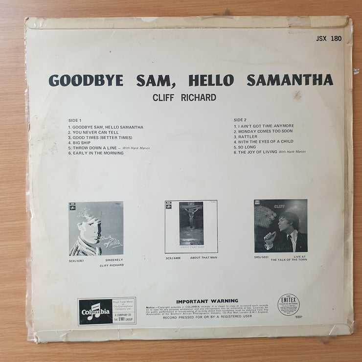 Cliff Richard – Goodbye Sam, Hello Samantha ‎– Vinyl LP Record - Very-Good+ Quality (VG+)