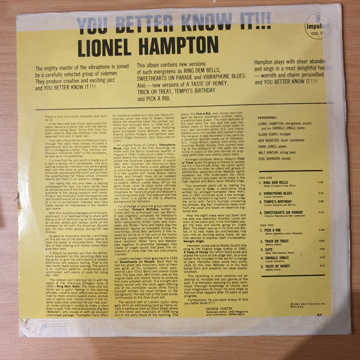Lionel Hampton – You Better Know It!!! - Vinyl LP Record - Very-Good+ Quality (VG+)