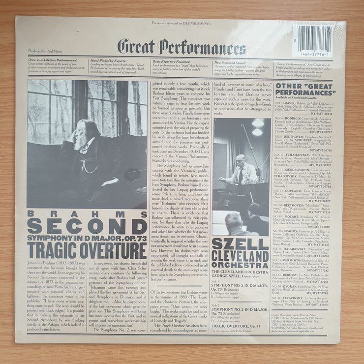 Brahms - Szell, Cleveland Orchestra – Second Symphony In D Major, Op. 73 / Tragic Overture  – Vinyl LP Record Sealed