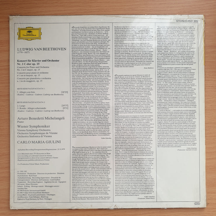 Beethoven - Piano Concerto No 1 - Arturo Benedetti Michelangeli, Wiener Symphoniker • Carlo Maria Giulini – Klavierkonzert No. 1 • - Vinyl LP Record Sealed