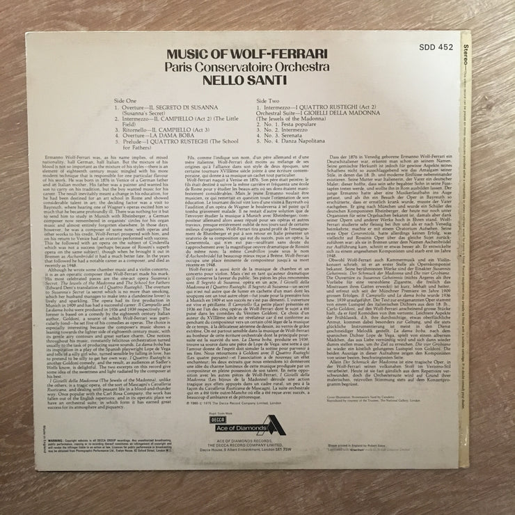 Wolf-Ferrari, Nello Santi, Paris Conservatory Orchestra ‎– Jewels Of Wolf-Ferrari ‎- Vinyl LP Record - Opened  - Very-Good+ Quality (VG+) - C-Plan Audio