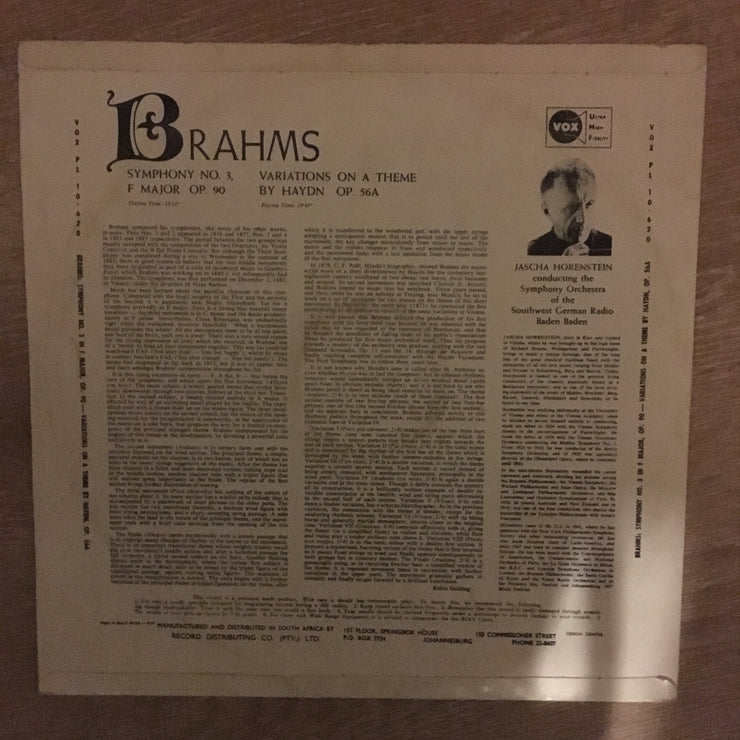 Brahms - Symphony No.3 - Horenstein  - Vinyl LP Record - Opened  - Very-Good Quality (VG) - C-Plan Audio