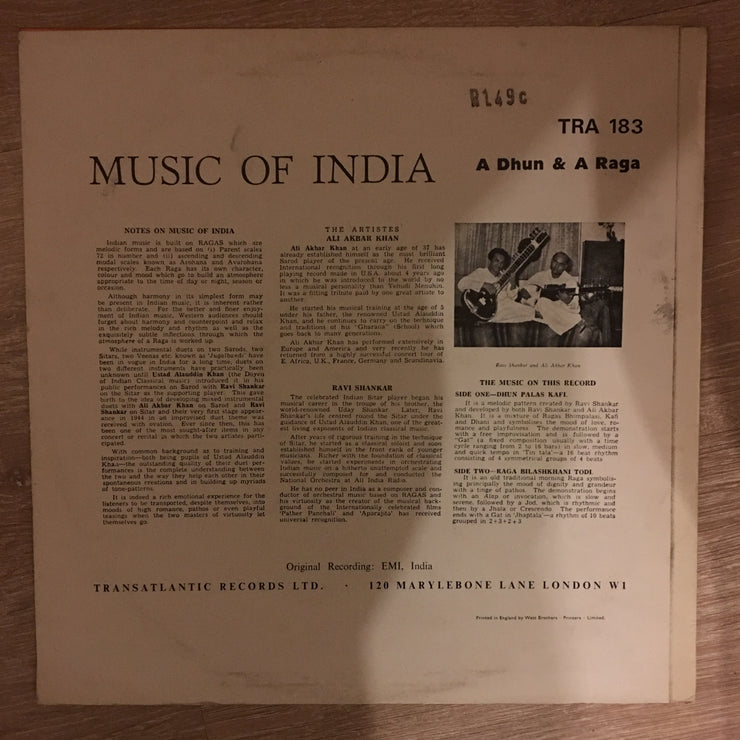 Ravi Shankar, Ali Akbar Khan With Kanai Dutt And NC Kumar And Ashish Kumar ‎– Music Of India: Ā Dhun And Ā Raga - Vinyl LP Record Opened - Near Mint Condition (NM) - C-Plan Audio