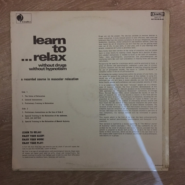 Learn to Relax Without Drugs or Hypnotism - Vinyl LP - Opened  - Very-Good+ Quality (VG+) - C-Plan Audio