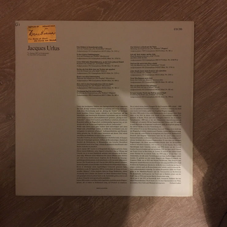 Court Opera Classics - Jacques Urlus 1867-1935 - Vinyl LP Record - Opened  - Very-Good+ Quality (VG+) - C-Plan Audio