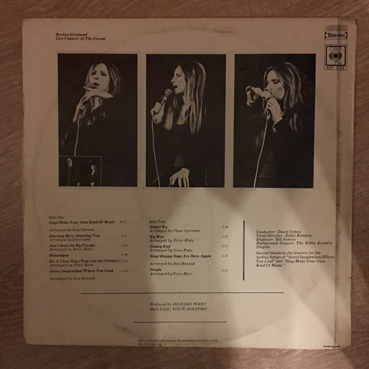 Barbra Streisand ‎– Live Concert At The Forum - Vinyl LP Record - Opened  - Very-Good+ Quality (VG+) - C-Plan Audio