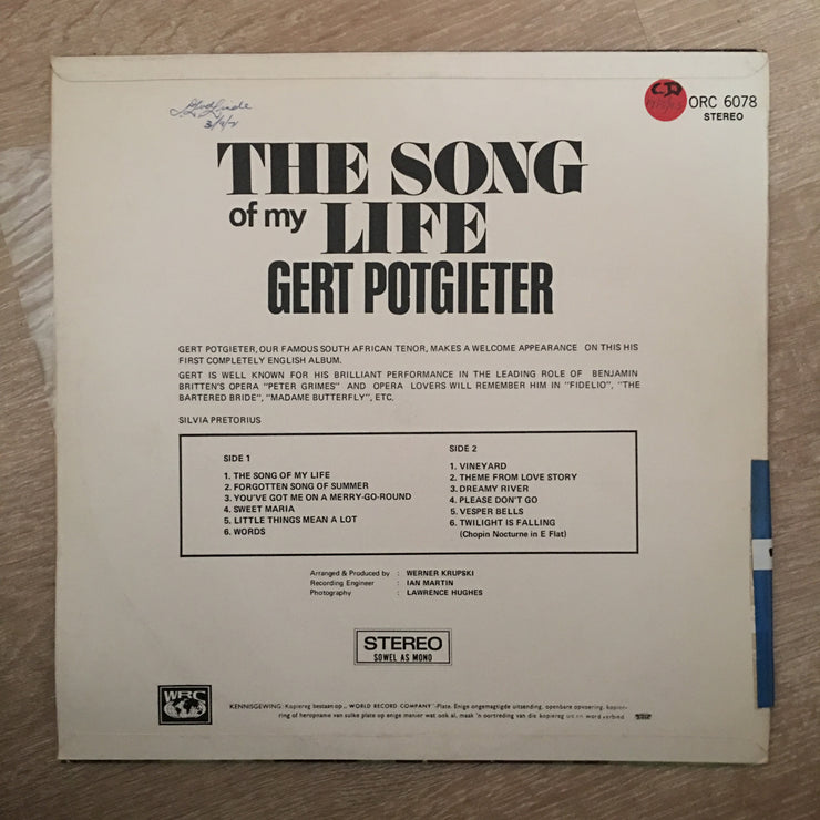Gert Potgieter - The Song Of My Life - Vinyl LP Record - Opened  - Very-Good+ Quality (VG+) - C-Plan Audio