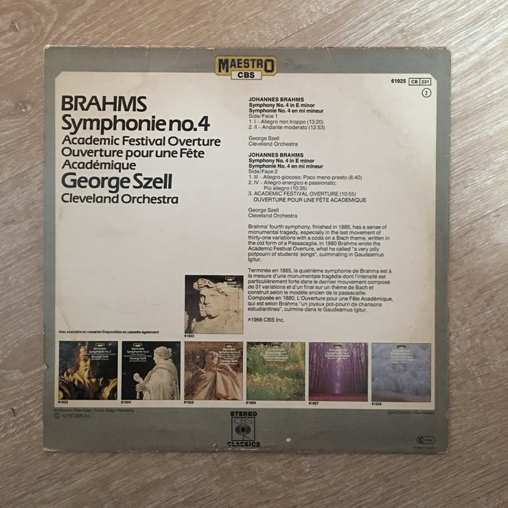 Johannes Brahms, George Szell - The Cleveland Orchestra ‎– Symphony No. 4 - Academic Festival Overture - Vinyl LP Record - Opened  - Very-Good Quality (VG) - C-Plan Audio
