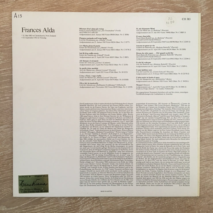 Court Opera Classics - Frances Alda (1883-1952) - Vinyl LP Record - Opened  - Very-Good+ Quality (VG+) - C-Plan Audio