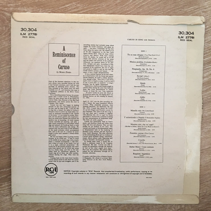 Caruso In Song ‎- Vinyl LP Record - Opened  - Very-Good+ Quality (VG+) - C-Plan Audio