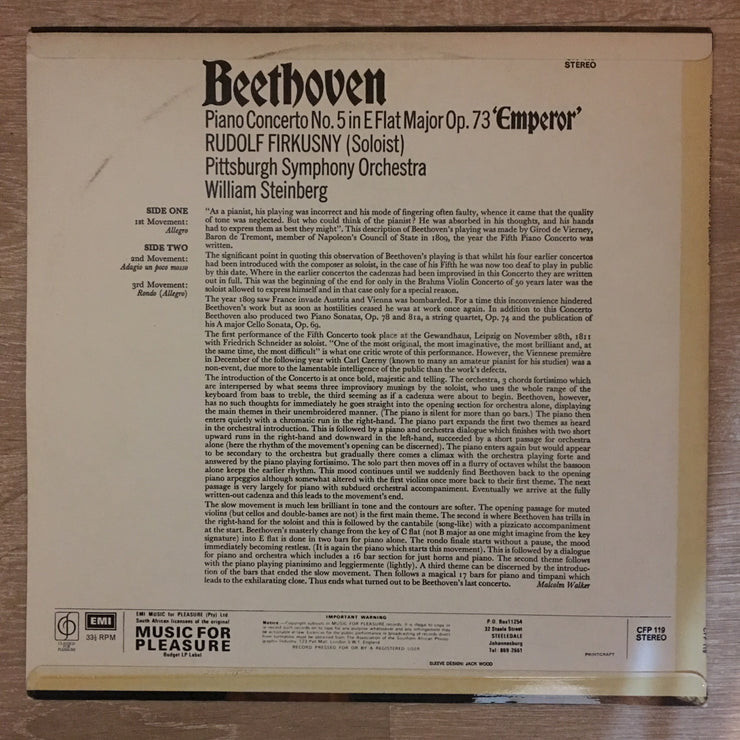 Beethoven, Rudolf Firkušný, William Steinberg Conducting The Pittsburgh Symphony Orchestra ‎– Beethoven Piano Concerto No. 5 In E Flat ("Emperor") -  Vinyl LP Record - Very-Good+ Quality (VG+) - C-Plan Audio
