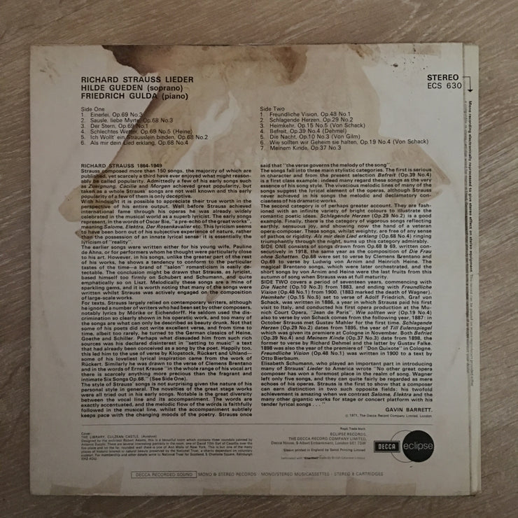 Richard Strauss, Hilde Gueden, Friedrich Gulda ‎– Richard Strauss Lieder - Vinyl LP Record - Opened  - Very-Good+ Quality (VG+) - C-Plan Audio