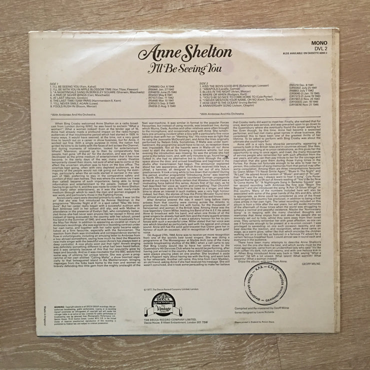 Anne Shelton - I'll Be Seeing You -  Vinyl LP Record - Opened  - Very-Good Quality (VG) - C-Plan Audio