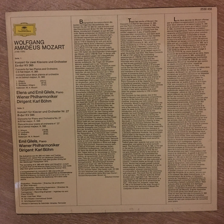 Wolfgang Amadeus Mozart / Emil Gilels, Elena Gilels, Karl Böhm, Wiener Philharmoniker ‎– Klavierkonzert B-dur • Piano Concerto In B Flat  ‎- Vinyl LP Record - Opened  - Very-Good+ Quality (VG+) - C-Plan Audio