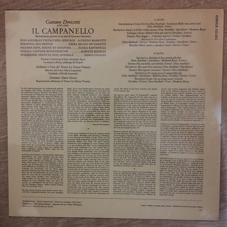 Donizetti – Orchestra - E Coro Del Teatro La Fenice Venezia - Il Campanello ‎– Vinyl LP Record - Very-Good+ Quality (VG+) - C-Plan Audio