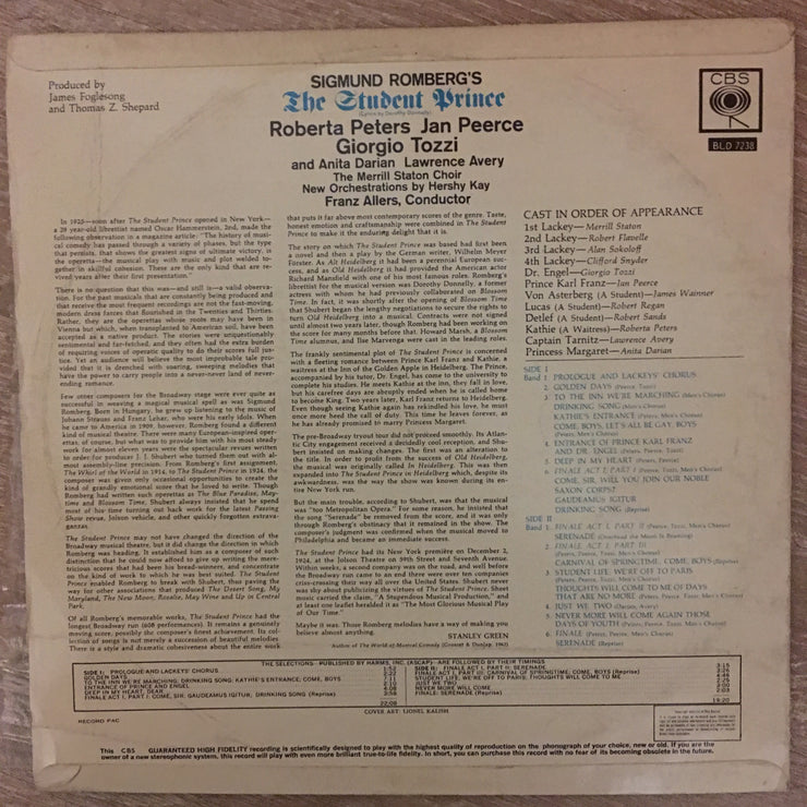 The Student Prince - Sigmund Romberg, Roberta Peters, Jan Peerce, Giorgio Tozzi, Anita Darian, Lawrence Avery, The Merrill Staton Choir, Hershy Kay, Franz Allers ‎- Vinyl LP Record - Very-Good+ Quality (VG+) - C-Plan Audio