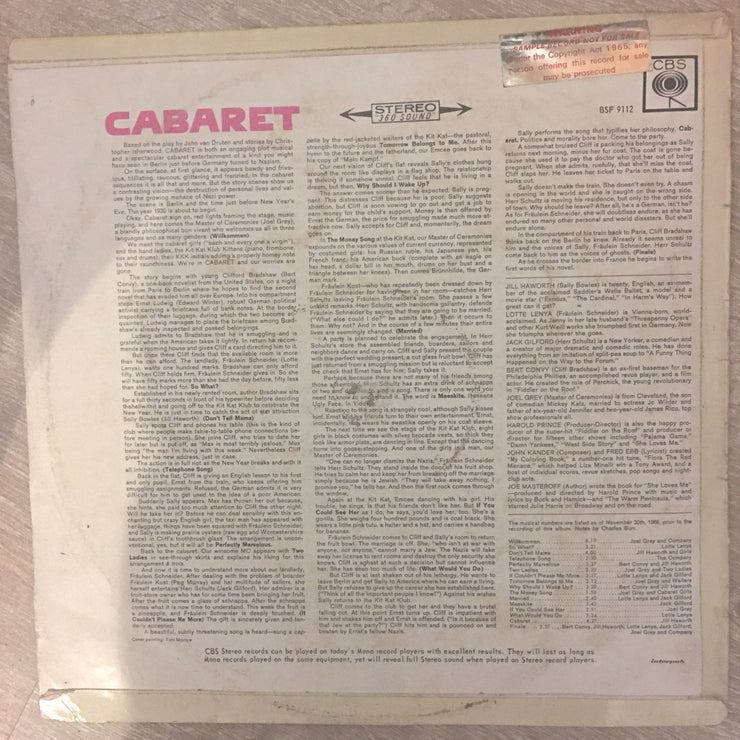 Cabaret  -  Harold Prince  - Jil;l Haworth, Jack Gilford, Bert Conry and Lotte Lenya - Vinyl LP Record - Opened  - Good Quality (G) - C-Plan Audio