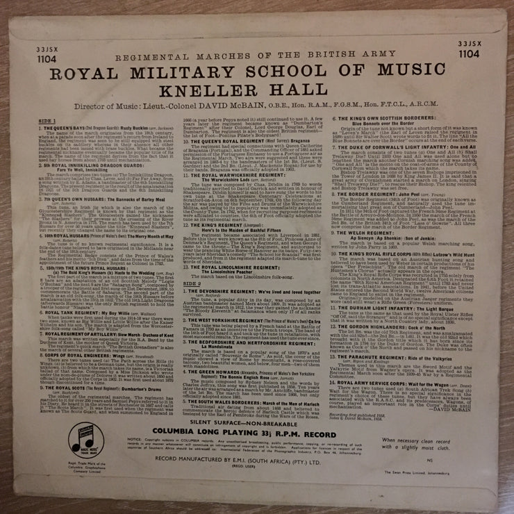 Band Of The Royal Military School Of Music, Kneller Hall ‎– Regimental Marches Of The British Army - Vinyl LP Record - Very-Good+ Quality (VG+) - C-Plan Audio