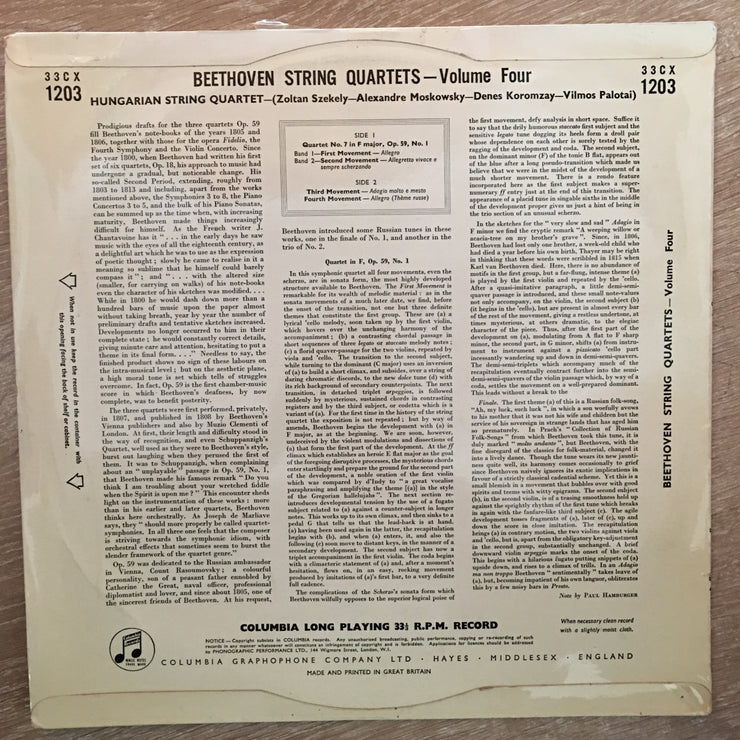 Beethoven String Quartets. Hungarian String Quartet - Vinyl LP Record - Opened  - Very-Good Quality (VG) - C-Plan Audio