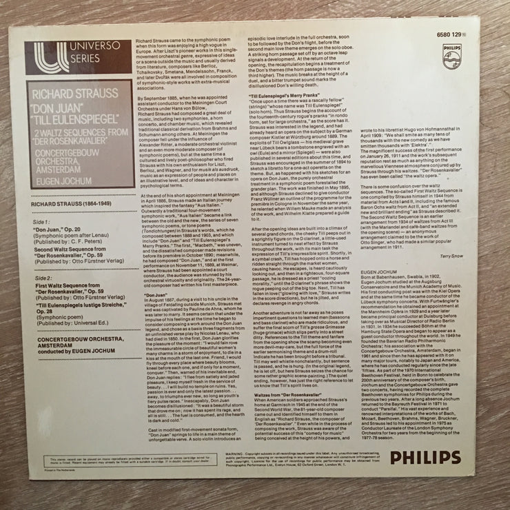 Richard Strauss - Concertgebouw Orchestra, Amsterdam, Eugen Jochum ‎– "Don Juan" / "Till Eulenspiegel" ‎- Vinyl LP Record - Opened  - Very-Good+ Quality (VG+) - C-Plan Audio