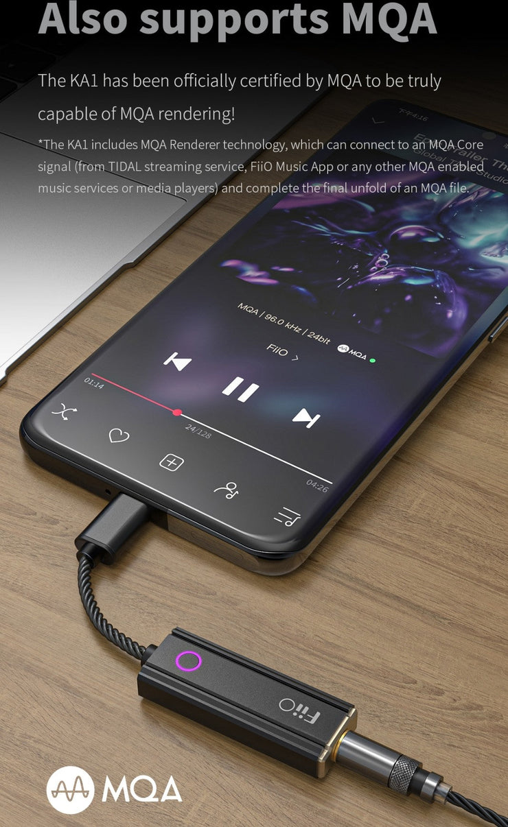 FiiO KA1-LT - MQA DAC & Headphone Amplifier (with standard headphone socket)  (In Stock)- Lightning IOS connection for smartphones & computers (nbb)